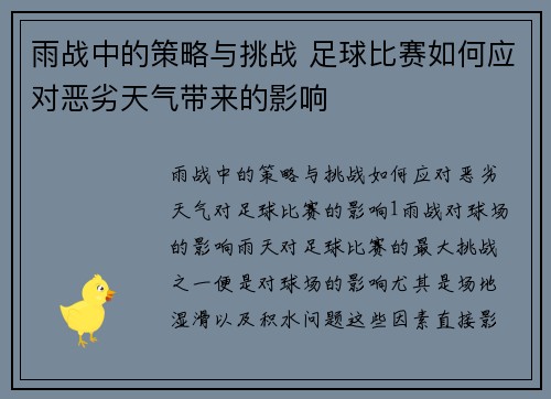 雨战中的策略与挑战 足球比赛如何应对恶劣天气带来的影响