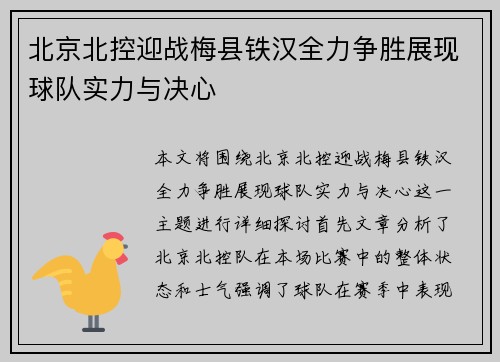 北京北控迎战梅县铁汉全力争胜展现球队实力与决心