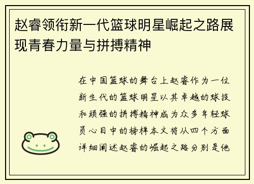 赵睿领衔新一代篮球明星崛起之路展现青春力量与拼搏精神
