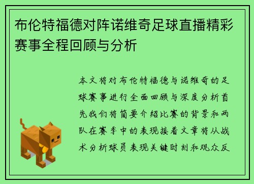 布伦特福德对阵诺维奇足球直播精彩赛事全程回顾与分析