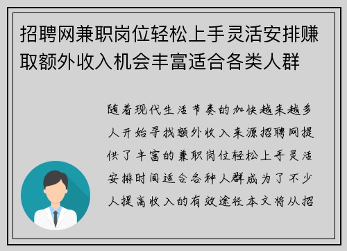 招聘网兼职岗位轻松上手灵活安排赚取额外收入机会丰富适合各类人群